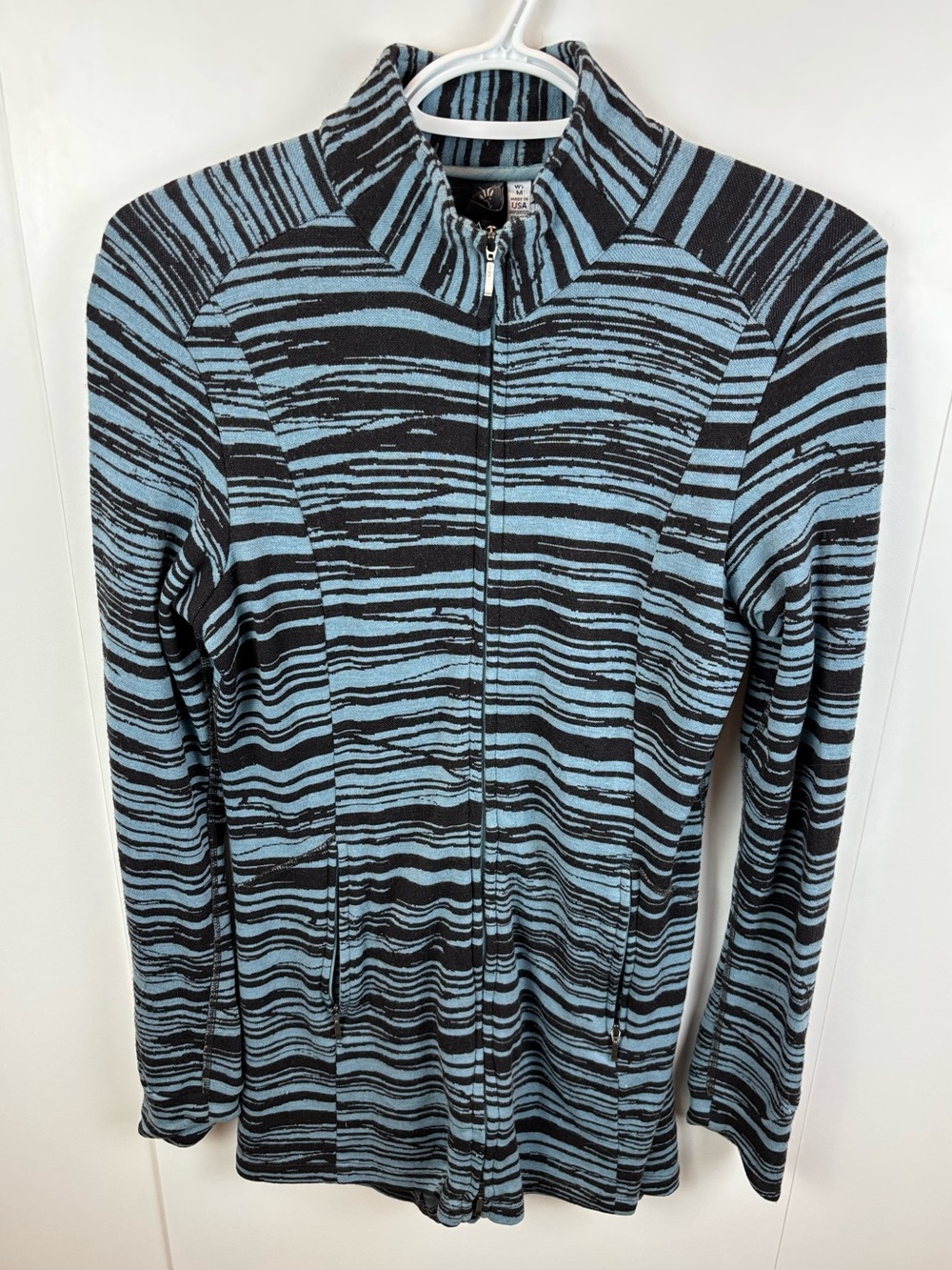 Ibex Juliet 100% Merino Front Zip Tunic Striped Sweater Blue Black Women's M Top